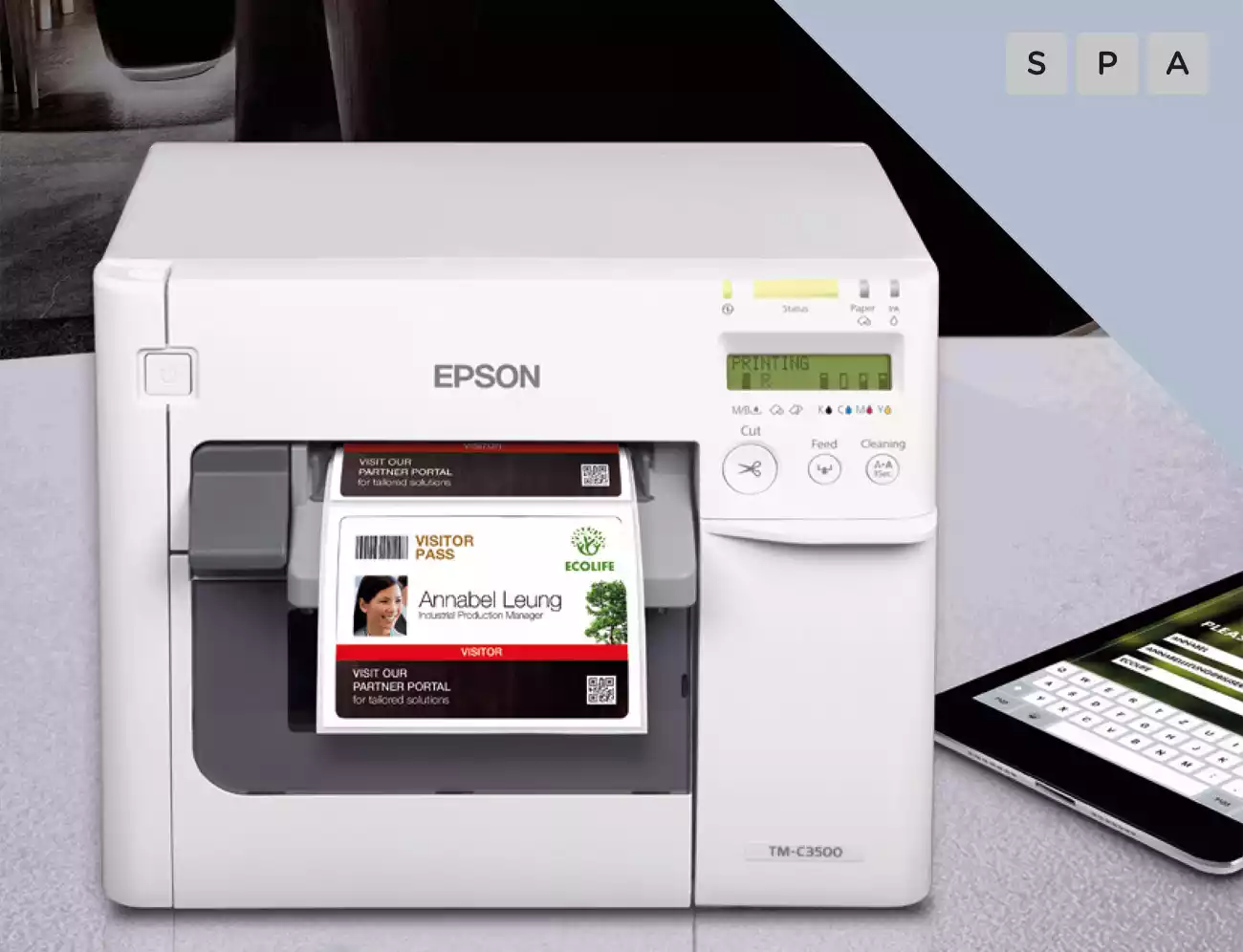 Frontal etiquetadora EPSON C3500 imprimiendo