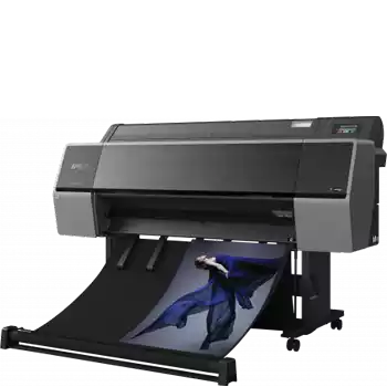 Vista lateral de impresora de gran formato. Color gris y negro. Soporte con ruedas. Gama SureColor SC-P