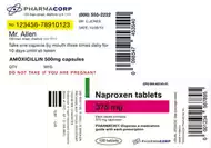 Etiquetas adhesivas a color para medicamentos muestran logo corporativo, códigos de barras, información del paciente, etc.