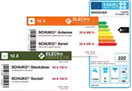 Etiquetas con información destacada como pirámide de consumo energético, códigos de barras, composición, precio... 
