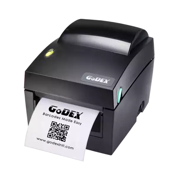 Impresora de etiquetas transferencia térmica directa Godex modelo DT4X, se muestra imprimiendo etiqueta de código QR