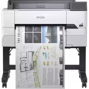 Impresora SC-T3400 color blanco y gris sobre soporte alto con ruedas. Diseño más anguloso que las T3100 y T5100. 