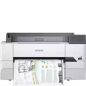 Impresora gran formato SC-T3400N color blanco y gris. Se muestra sin soporte. Diseño más anguloso que las T3100 y T5100.