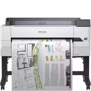 Vista frontal impresora de gran formato Epson modelo SC-T5400 montada sobre estructura con ruedas
