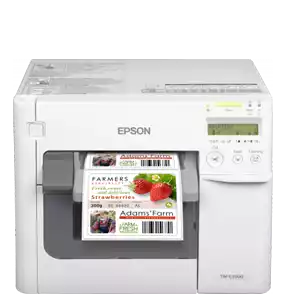 Frontal modelo 3500 de Epson. Color blanco. Esta impresora de etiquetas es muy compacta y cuenta con un tamaño más reducido. 