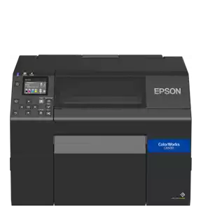 Frontal modelo de impresoras de etiquetas a color Epson serie 6500 con pantalla.  