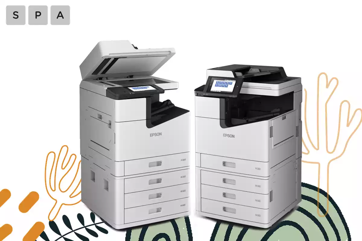 Dos unidades de impresora de oficina Enterprise WF-C20750 . Una con tapa abierta y pantalla táctil replegada.