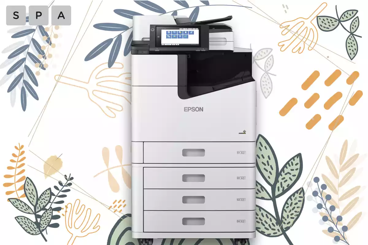 Vista completa impresora oficina Enterprise WF-C20600 de Epson. Con sus 4 cajones de alta capacidad. 