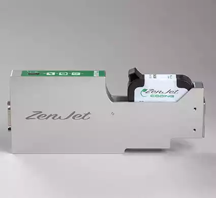 Vista lateral de impresora de lotes y codificador ZenJet Slim. Se muestra cargado con cartucho de tinta HP 
